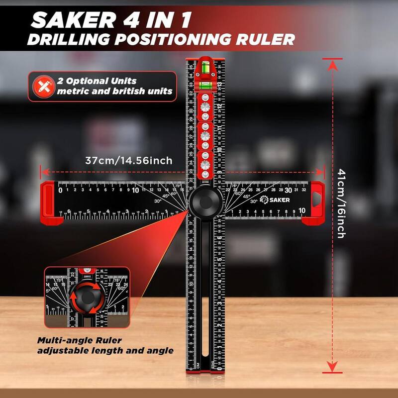 Regla de posicionamiento para perforar 4-en-1 Saker, Regla en T ajustable multifuncional de 13.78 pulgadas, Plantilla para hardware de gabinete - GJ65174-X52237