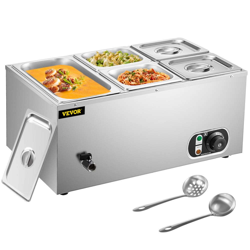 VEVOR 110V Commercial Food Warmer 1x1/3GN and 4x1/6GN, 5-Pan Stainless Steel Bain Marie 13.7 Quart Capacity,1500W Steam Table 15cm/6inch Deep, Electric Food Warmer with Lid for Catering Restaurants - PT5BM-63A110V30DUV1