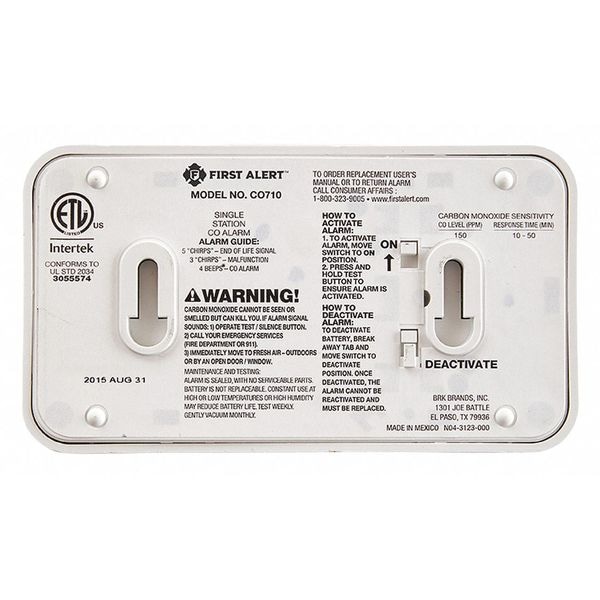 First Alert Carbon Monoxide Alarm, 85 dB @ 10 ft, 3V Lithium, Electrochemical Battery Backup: No - CO710