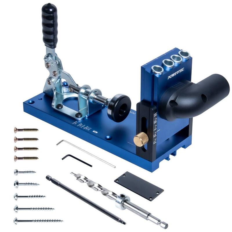 Juego POWERTEC Aluminum Pocket Hole Jig con Puerto de Polvo de 1-1/4 pulgadas, Broca, Tope de Broca, Abrazadera de Palanca y Tornillos - 71844N
