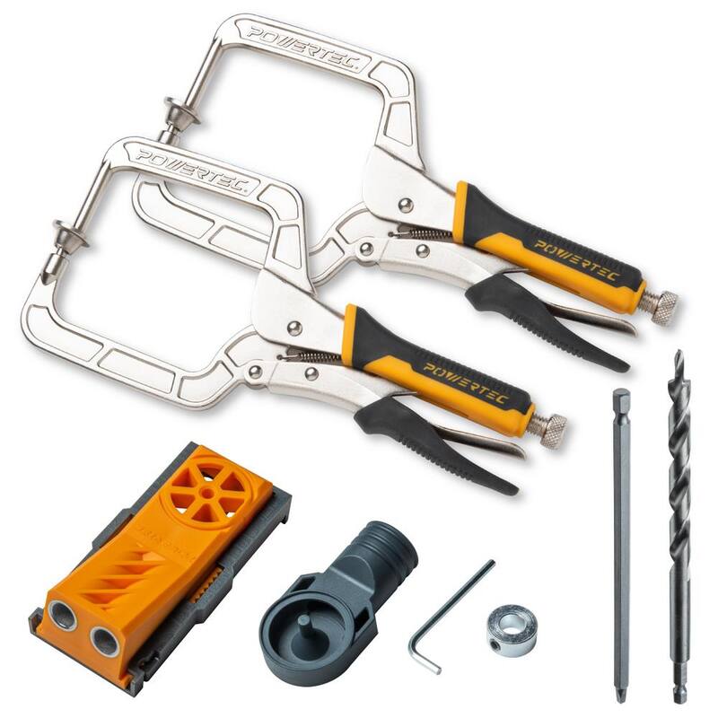 Plantilla de perforación de doble bolsillo POWERTEC con adaptador de colector de polvo y abrazaderas de esquina de 12 pulgadas para perforaciones de bolsillo en ángulo recto para carpintería y soldadura - 71874N
