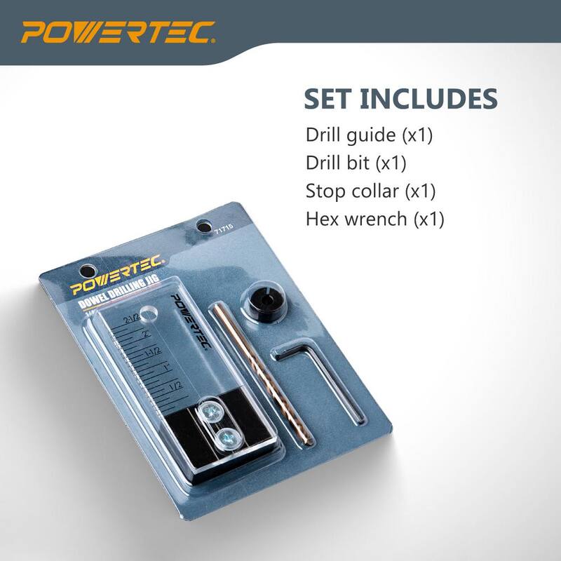 Plantilla de perforación de espigas POWERTEC con escala de profundidad 1/4 pulgadas, marcador de alineación cortado con láser, broca de taladro de cobalto M-35 y collar de tope de anillo dividido (paquete de 2) - 71715-P2