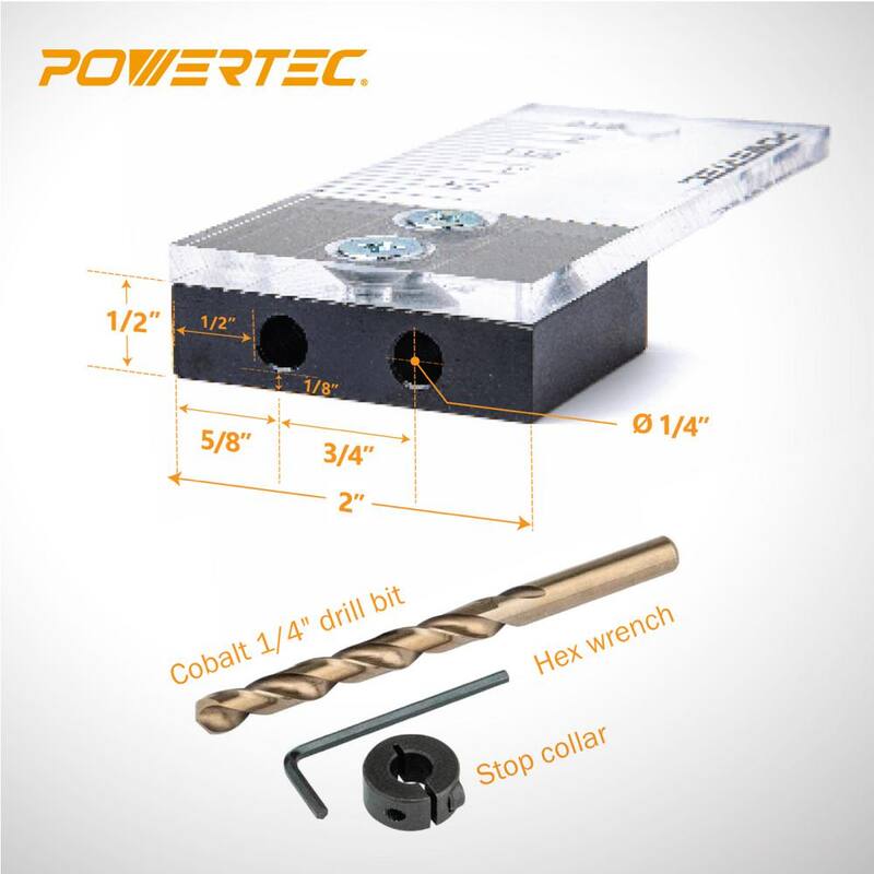 Plantilla de perforación de espigas POWERTEC con escala de profundidad 1/4 pulgadas, marcador de alineación cortado con láser, broca de taladro de cobalto M-35 y collar de tope de anillo dividido (paquete de 2) - 71715-P2