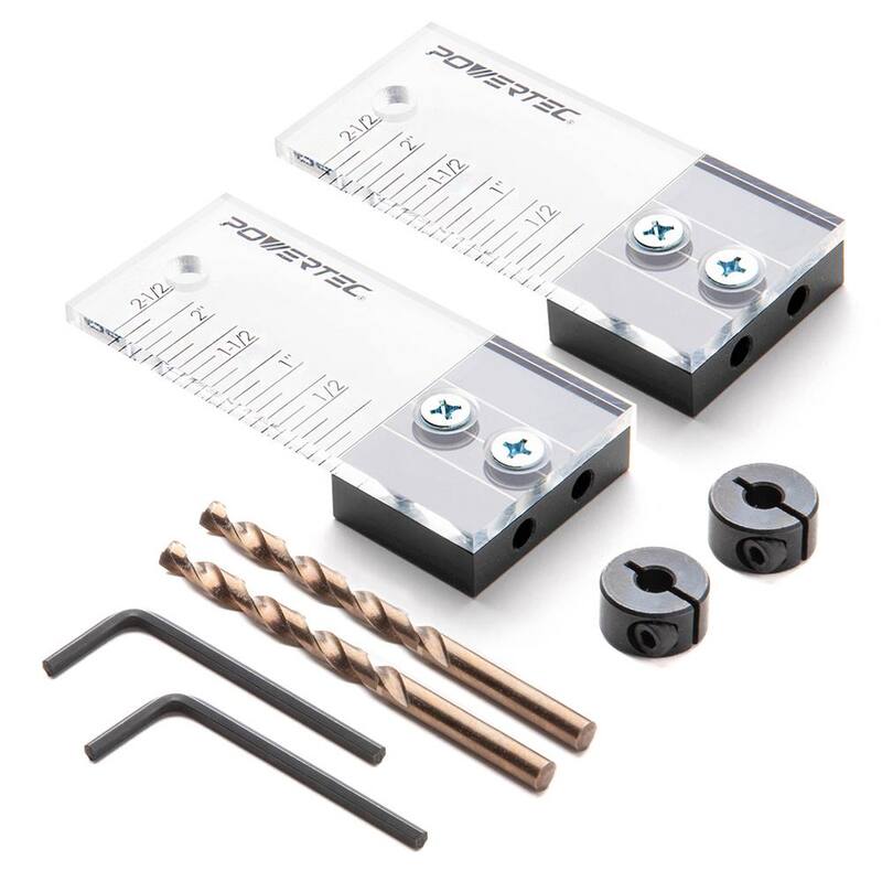 Plantilla de perforación de espigas POWERTEC con escala de profundidad 1/4 pulgadas, marcador de alineación cortado con láser, broca de taladro de cobalto M-35 y collar de tope de anillo dividido (paquete de 2) - 71715-P2