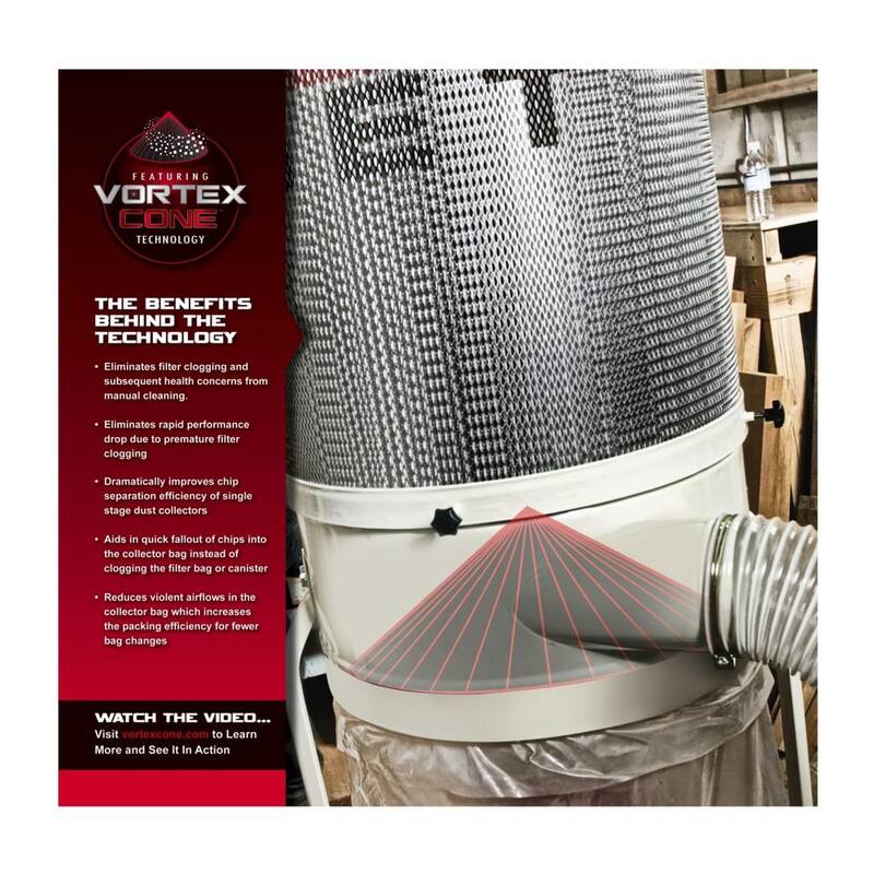 Colector de polvo Jet de 2 HP, 1200 CFM, 4 o 6 pulgadas con Cono Vortex y Kit de Canister de 2 Micrones, 230 voltios, DC-1200VX-CK1 - 710702K