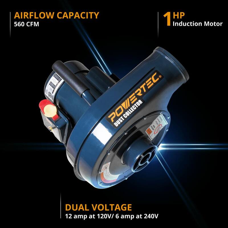 Colector de polvo montado en la pared POWERTEC de 12 amperes, 1 HP, 560 CFM, 1 micrón, 120 voltios / 240 voltios - DC5371