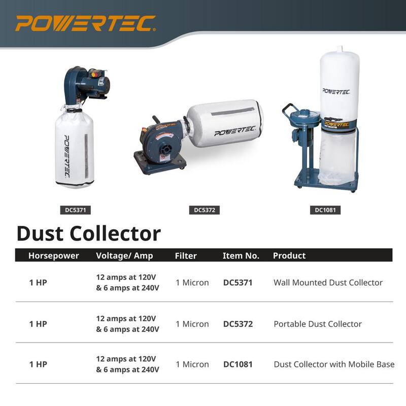 Colector de polvo montado en la pared POWERTEC de 12 amperes, 1 HP, 560 CFM, 1 micrón, 120 voltios / 240 voltios - DC5371