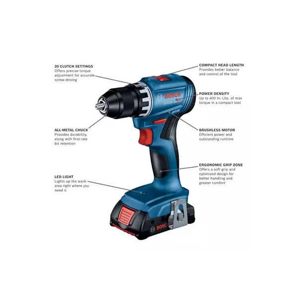 Bosch Cordless Drill, 1/2 in, 18V DC - GSR18V-400B12