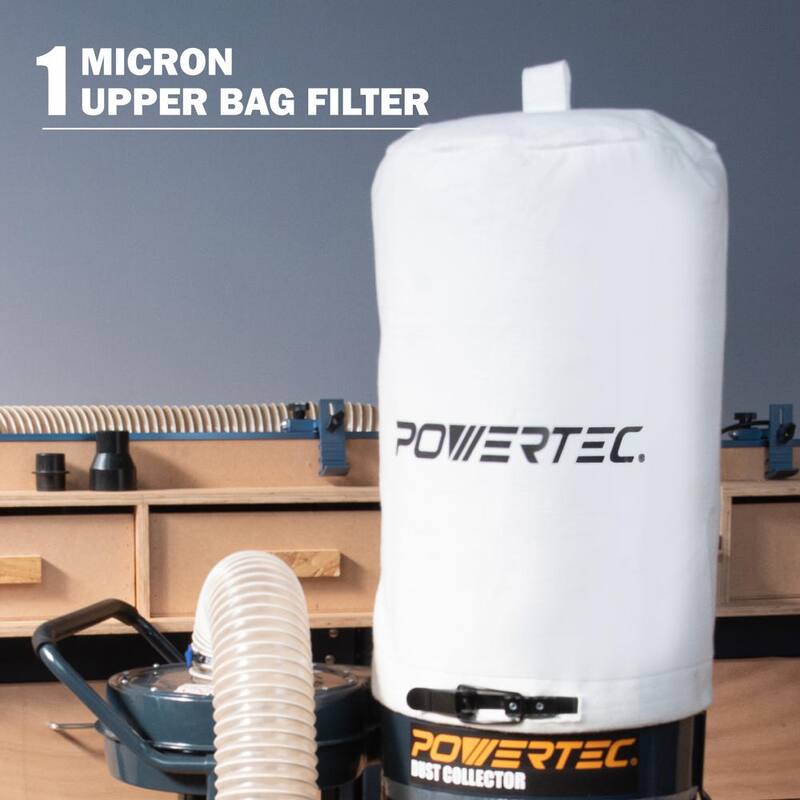 Recolector de polvo POWERTEC de 1 HP y 800 CFM con bolsas recolectoras de polvo de 1 micrón y base móvil para sistema de recolección de polvo - DC1081N
