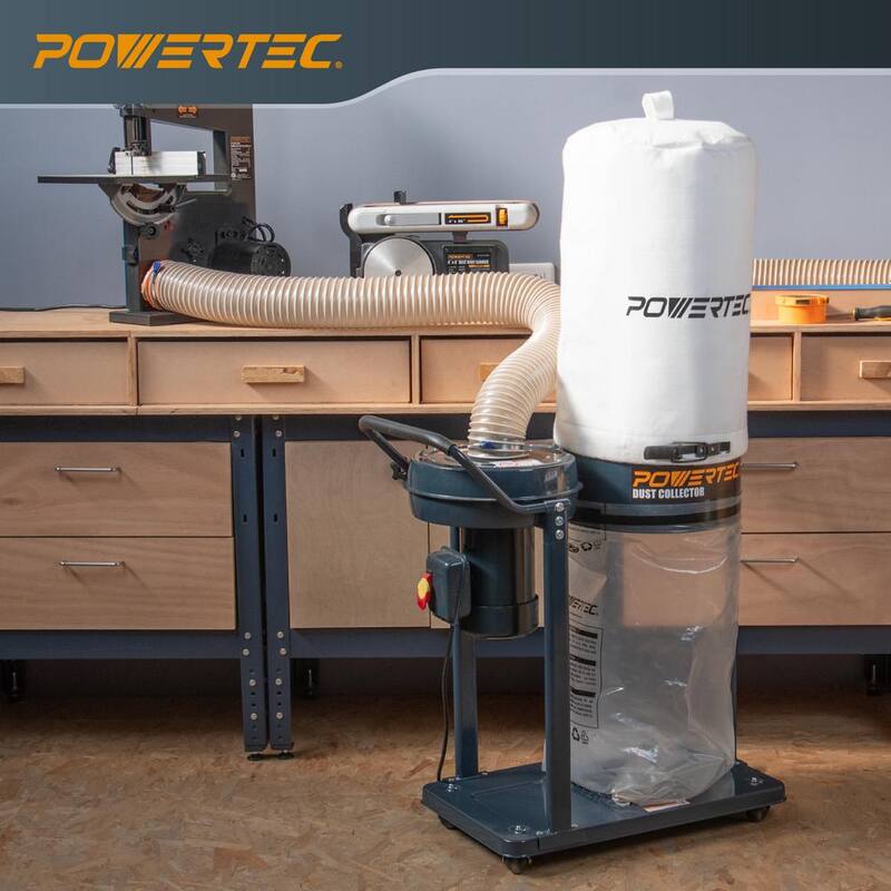Recolector de polvo POWERTEC de 1 HP y 800 CFM con bolsas recolectoras de polvo de 1 micrón y base móvil para sistema de recolección de polvo - DC1081N
