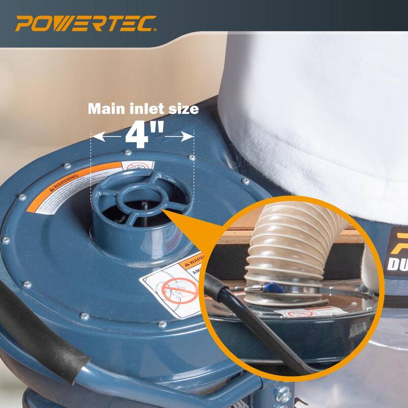 Recolector de polvo POWERTEC de 1 HP y 800 CFM con bolsas recolectoras de polvo de 1 micrón y base móvil para sistema de recolección de polvo - DC1081N