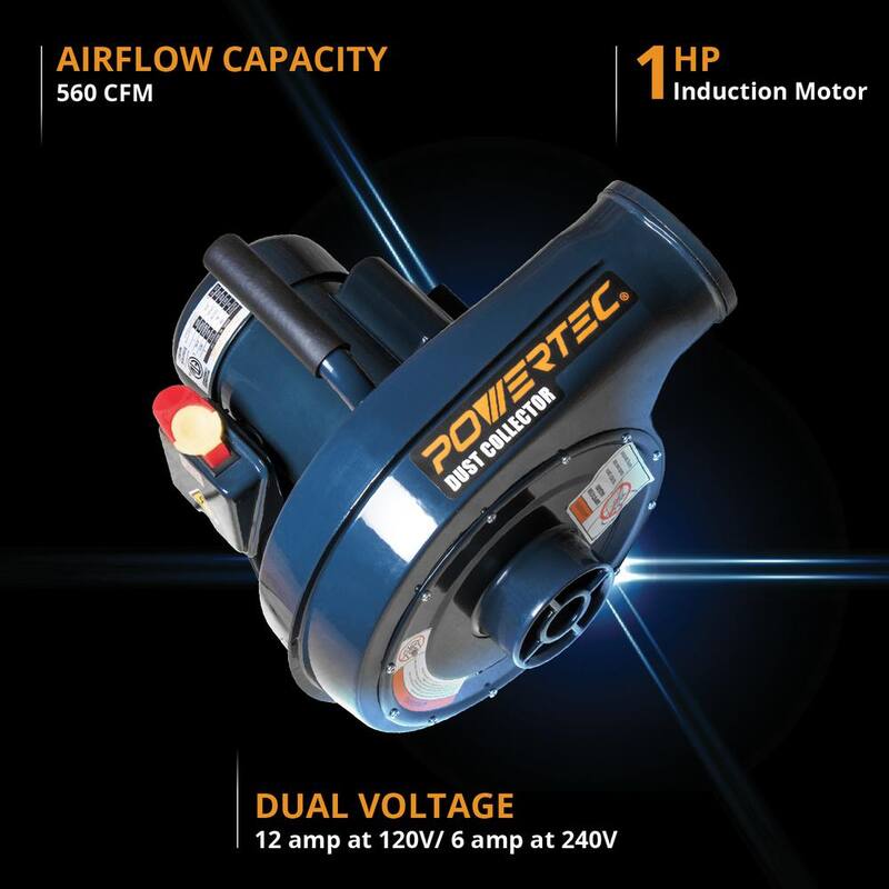 Collectora de polvo montada en la pared POWERTEC de 1 HP, 560 CFM con bolsa colectora de polvo de 1 micrón y una bolsa de filtro de repuesto extra - DC5371CN