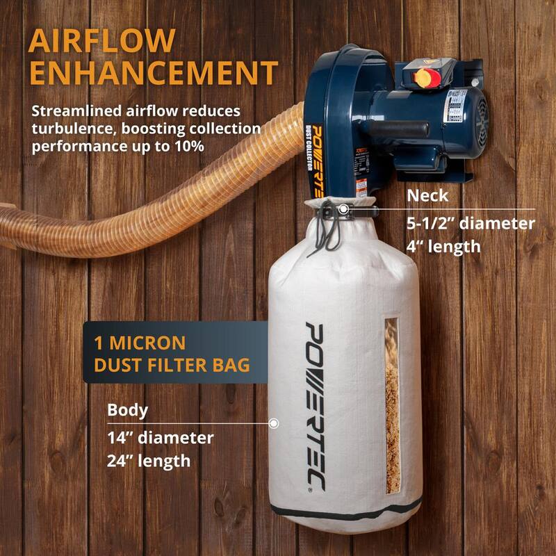 Collectora de polvo montada en la pared POWERTEC de 1 HP, 560 CFM con bolsa colectora de polvo de 1 micrón y una bolsa de filtro de repuesto extra - DC5371CN