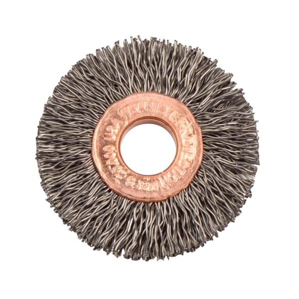 Weiler 1-1/2" Dia Crimped Wire Wheel, .014" Steel Fill, 3/8" Arbor Hole - 15762