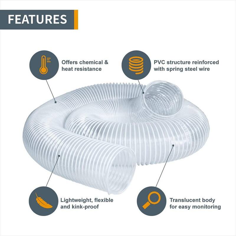 Manguera de recolección de polvo de PVC flexible de 6 pulgadas x 10 pies con 5 abrazaderas para manguera clave para trabajos de carpintería y aspiradora de taller, color transparente - 70371N