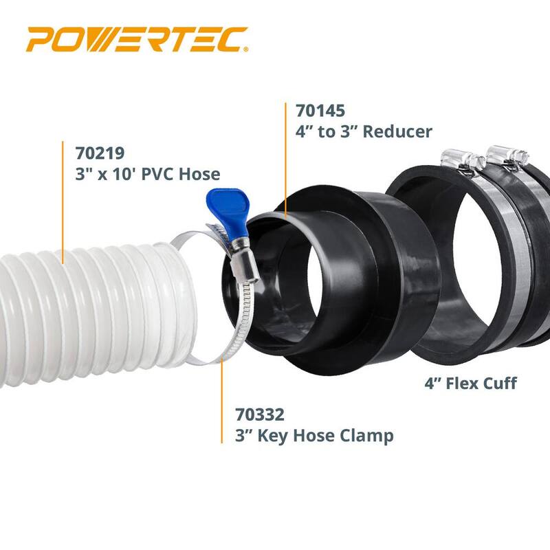 Manguera de colección de polvo de PVC de 3 pulgadas x 10 pies con reductor de 4 pulgadas a 3 pulgadas y abrazadera de manguera de 3 pulgadas x 5 llaves - 70437N