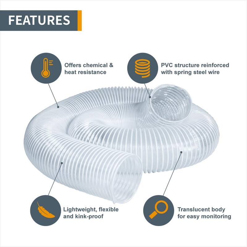 Manguera de colección de polvo de PVC de 3 pulgadas x 10 pies con reductor de 4 pulgadas a 3 pulgadas y abrazadera de manguera de 3 pulgadas x 5 llaves - 70437N