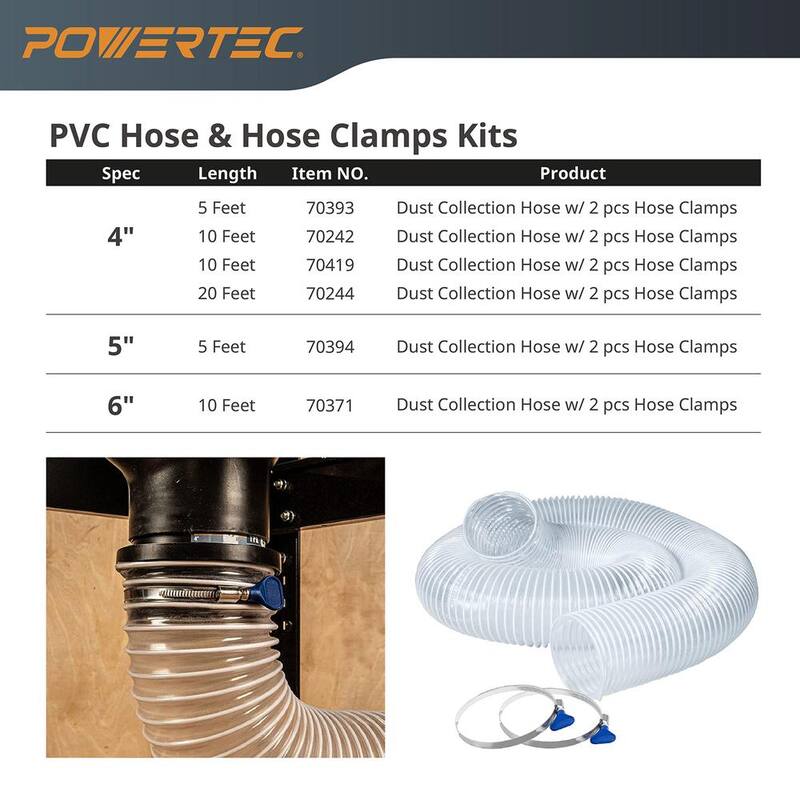 Manguera de colección de polvo POWERTEC de 4 pulgadas x 20 pies con 2 abrazaderas y adaptador para sistemas de colección de polvo - 70434N