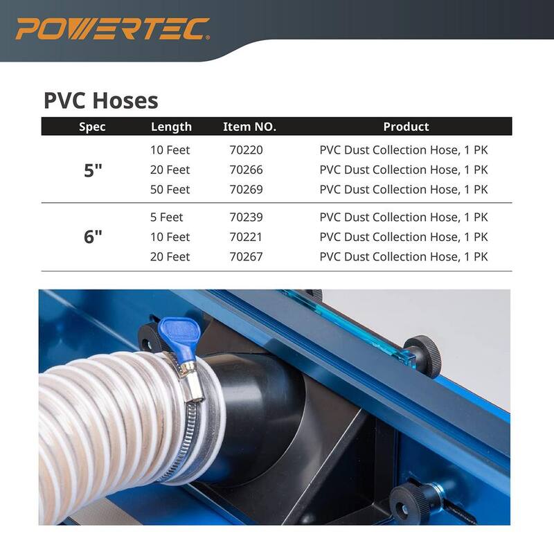 Manguera de colección de polvo POWERTEC de 4 pulgadas x 20 pies con 2 abrazaderas y adaptador para sistemas de colección de polvo - 70434N