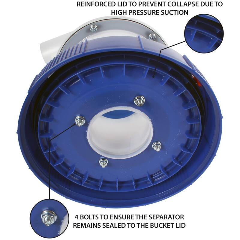 Separador de polvo Cen-Tec Quick Click ensamblado con contenedor de recolección de 5 galones con cierre y juego de adaptadores para herramientas eléctricas con manguera de 10 pies - 98438