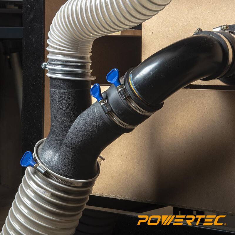 Poderoso adaptador en ángulo de 2-1/2 pulgadas para control de polvo con abrazaderas de manguera tipo llave - 70337