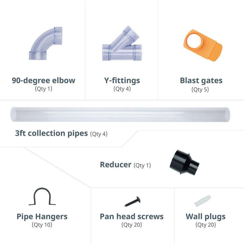 Kit de colección de polvo de 2-1/2 pulgadas de POWERTEC con red de accesorios, reductor, compuerta de ráfaga, tuberías, codo, conexión en Y, soportes de montaje - 70304