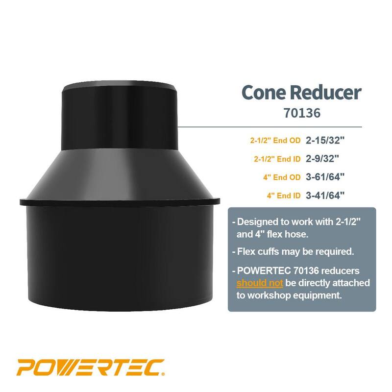 Manguera de colección de polvo de PVC POWERTEC de 4 pulgadas x 10 pies con reductor de cono de mangueras de 4 pulgadas a 2-1/2 pulgadas para sistemas de colección de polvo (paquete de 1) - 70375