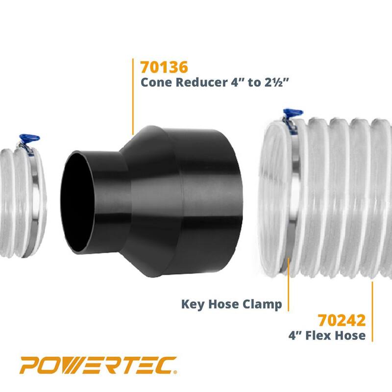Manguera de colección de polvo de PVC POWERTEC de 4 pulgadas x 10 pies con reductor de cono de mangueras de 4 pulgadas a 2-1/2 pulgadas para sistemas de colección de polvo (paquete de 1) - 70375