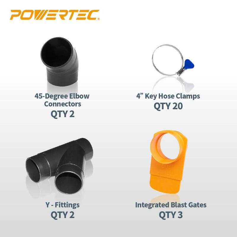 Kit de accesorios para recolección de polvo de 4 pulgadas POWERTEC con conectores, compuertas de explosión y abrazaderas para sistemas de recolección de polvo - 70316NR