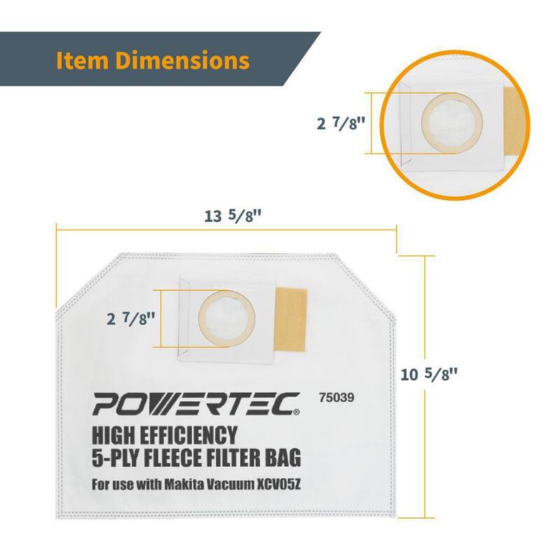 Bolsa de vacío POWERTEC para Extractor de Polvo de Mochila Makita XCV05Z, Bolsas de filtro de tela de reemplazo para Makita 161471-7 (paquete de 10) - 75039