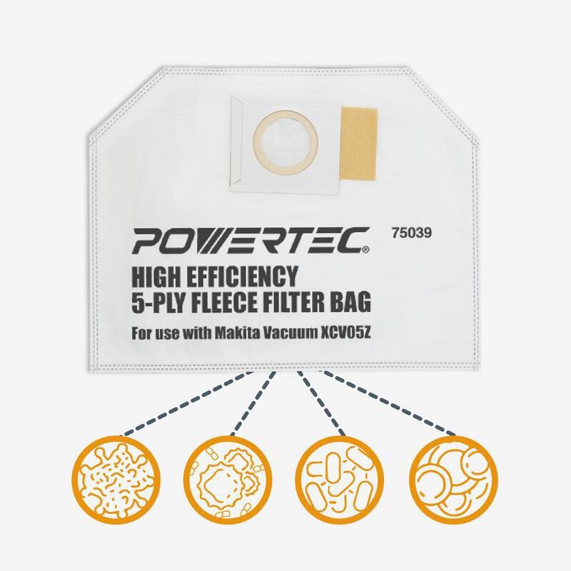 Bolsa de vacío POWERTEC para Extractor de Polvo de Mochila Makita XCV05Z, Bolsas de filtro de tela de reemplazo para Makita 161471-7 (paquete de 10) - 75039
