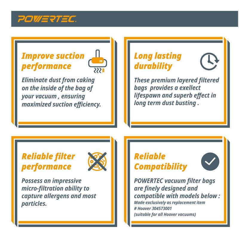Reemplazo de bolsa de filtro de alta eficiencia POWERTEC para aspiradora Hoover estilo Y/Z de 2 capas con filtro de alergenos (paquete de 10) - 75057