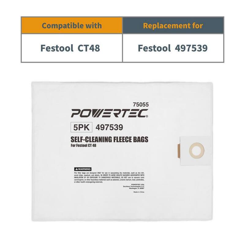 Bolsas de filtro de tela de reemplazo para Festool 497539 Bolsas de polvo (paquete de 5) - 75055, para extractor de polvo Festool CT 48
