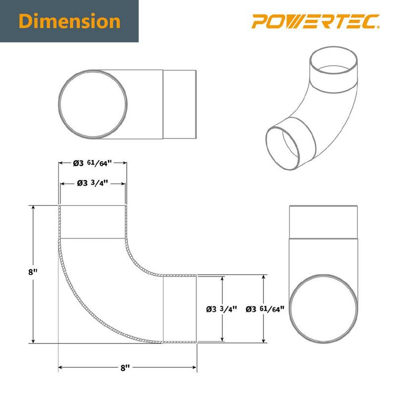 Conector de recolector de polvo de ángulo recto de 90 grados de 4 pulgadas de POWERTEC, fabricado en plástico ABS (paquete de 2) - 70105-P2