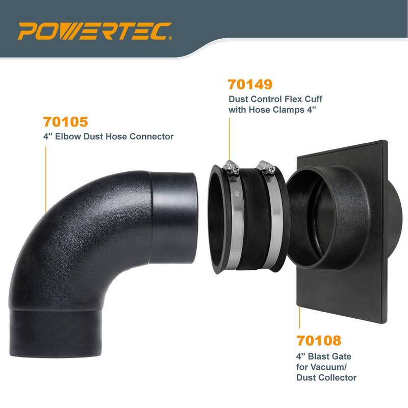 Conector de codo de 90° para manguera de recolección de polvo de 4 pulgadas POWERTEC con compuerta de explosión y manguito flexible de control de polvo para recolector de polvo, (Juego de 2) - 70360-P2