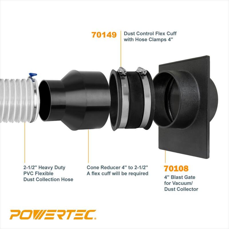 Compensador de explosión de 4 pulgadas POWERTEC con manguito flexible de control de polvo para adaptadores de recolector de polvo/aspiradora (2 juegos) - 70363-P2N