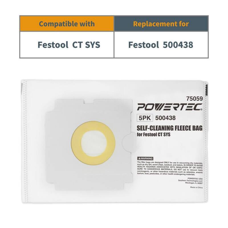 Bolsas de filtro de tela de repuesto para Festool 500438, bolsas para aspiradora de taller POWERTEC para extractor de polvo CT SYS (paquete de 5) - 75059