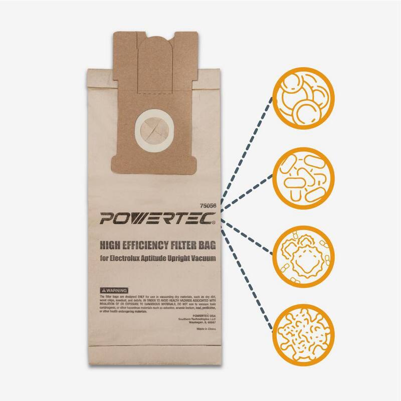 Bolsas para aspiradora para tienda POWERTEC para Electrolux EL204B, Bolsa de filtro de reemplazo para EL5010 Aptitude, aspiradora vertical (paquete de 10) - 75056
