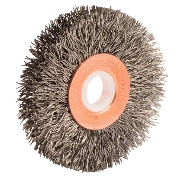 Weiler 2" Dia Crimped Wire Wheel, .014" Fill, 1/2"-3/8" Arbor Hole - 16873