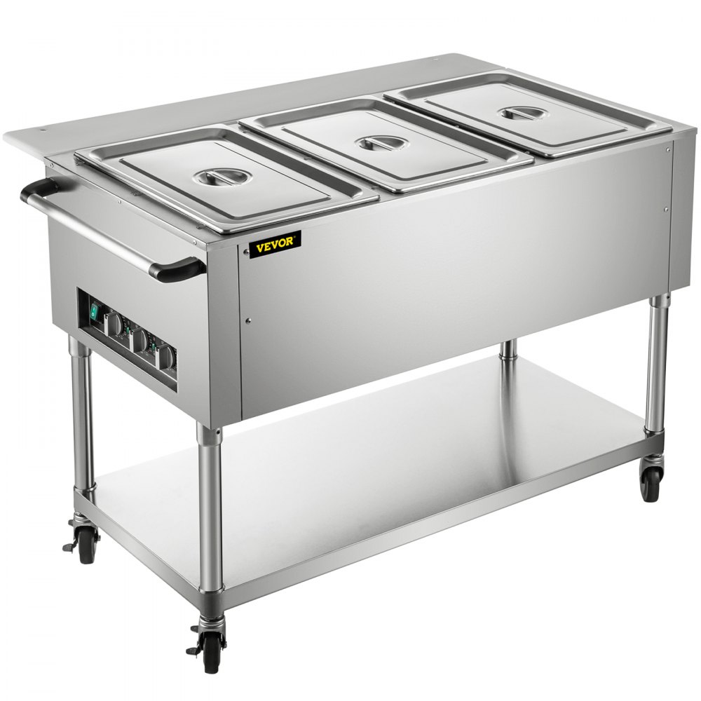 VEVOR Commercial Electric Food Warmer, 3-Pot Steam Table Food Warmer 0-100℃ w/ 2 Lockable Wheels, Professional Stainless Steel Material with ETL Certification for Catering and Restaurants - WZB1500W3110VB2OLV1