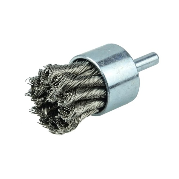Weiler Wolverine 1" Knot Wire End Brush, .014"Stainless Steel Fill, 1/4" Stem - 36289