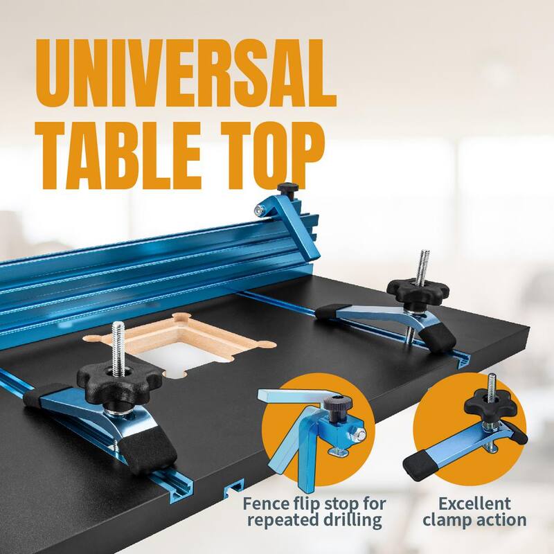 Mesa para taladro de 14 in. x 24 in. POWETEC con sistema de cerco completo de aluminio Multi T-Track para trabajo en madera profesional - 71539.