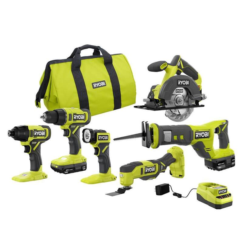 RYOBI ONE+ 18V Kit Combo de 6 herramientas inalámbricas con batería de 1.5 Ah, batería de 4.0 Ah y cargador - PCL1600K2