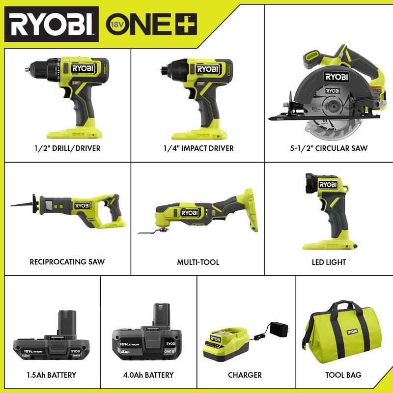 RYOBI ONE+ 18V Kit Combo de 6 herramientas inalámbricas con batería de 1.5 Ah, batería de 4.0 Ah y cargador - PCL1600K2