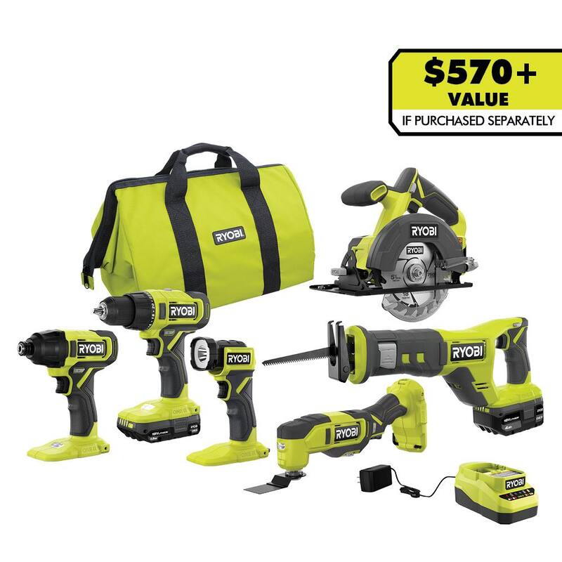 RYOBI ONE+ 18V Kit Combo de 6 herramientas inalámbricas con batería de 1.5 Ah, batería de 4.0 Ah y cargador - PCL1600K2