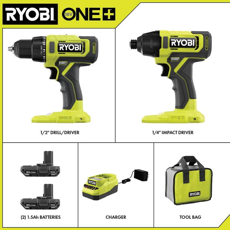 RYOBI ONE+ Kit de Combos Inalámbrico de 18V con 2 Herramientas, Taladro/Destornillador, Atornillador de Impacto, (2) Baterías de 1.5 Ah y Cargador - PCL1200K2