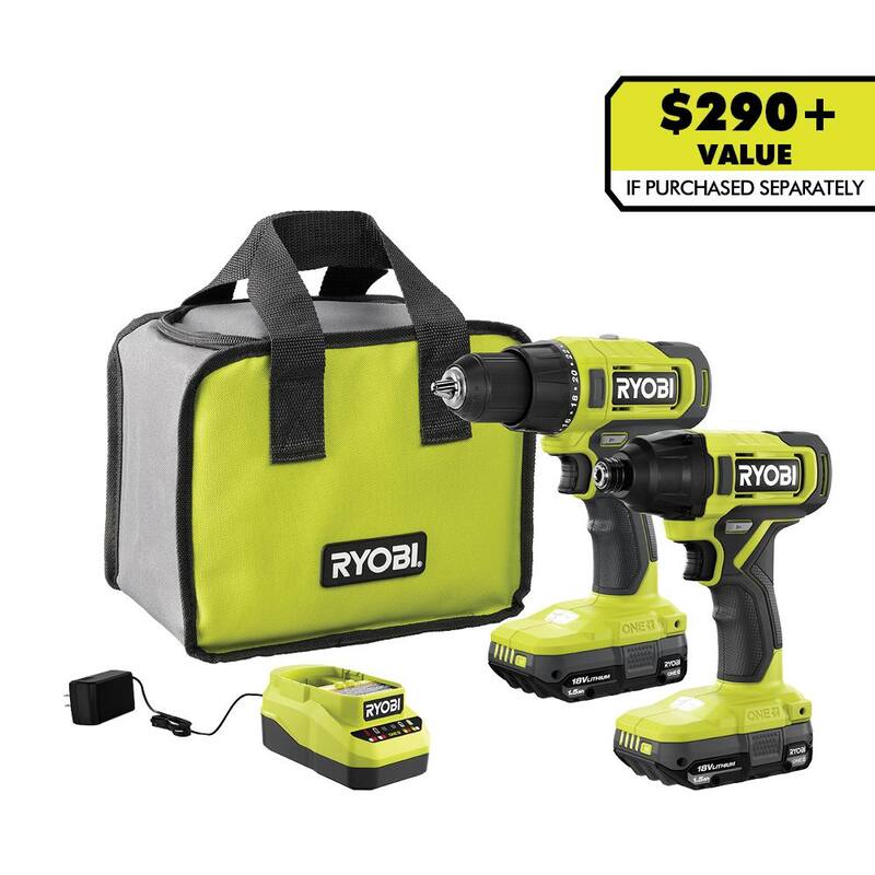 RYOBI ONE+ Kit de Combos Inalámbrico de 18V con 2 Herramientas, Taladro/Destornillador, Atornillador de Impacto, (2) Baterías de 1.5 Ah y Cargador - PCL1200K2
