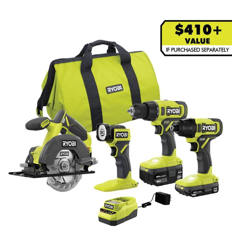 RYOBI ONE+ 18V Kit de Combo Inalámbrico de 4 Herramientas con Batería de 1.5 Ah, Batería de 4.0 Ah y Cargador - PCL1400K2
