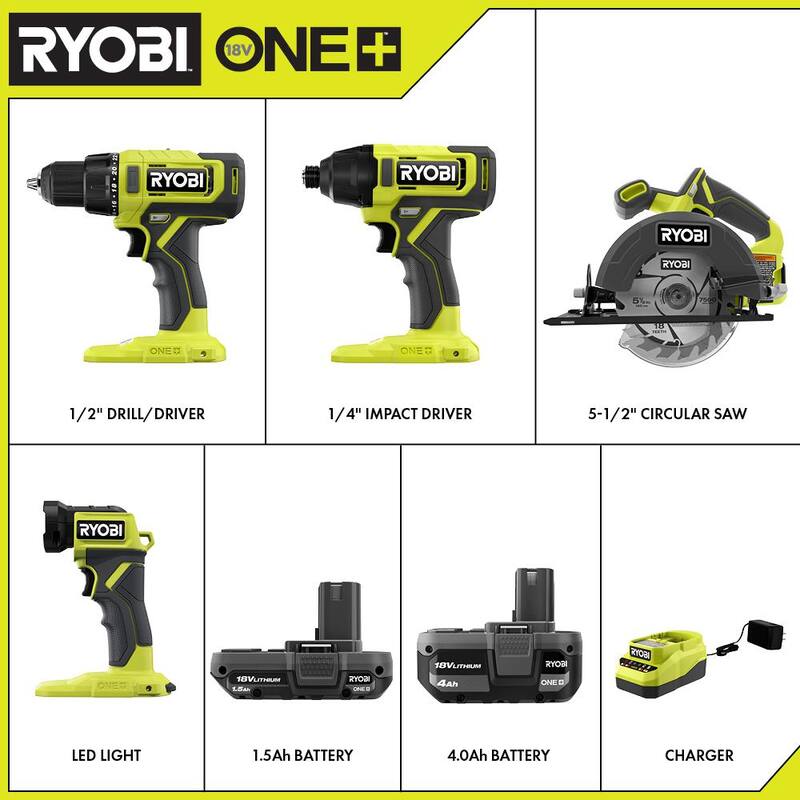 RYOBI ONE+ 18V Kit de Combo Inalámbrico de 4 Herramientas con Batería de 1.5 Ah, Batería de 4.0 Ah y Cargador - PCL1400K2