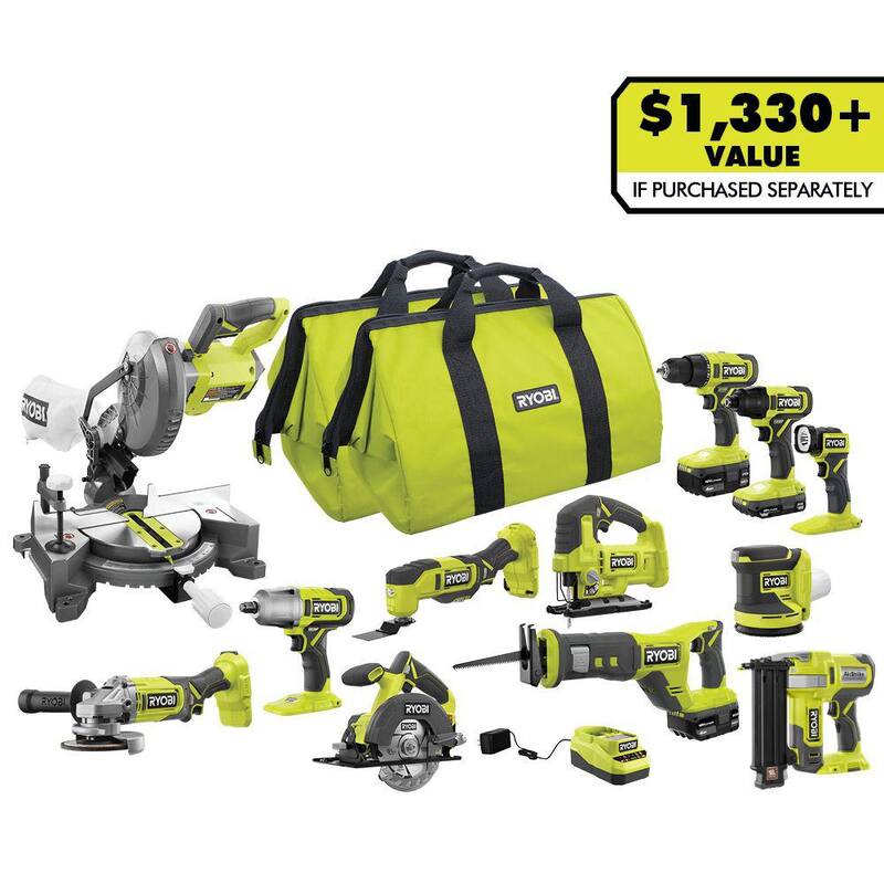 RYOBI ONE+ Juego de herramientas inalámbrico de 12 piezas de 18V con (1) batería de 1.5 Ah y (2) baterías de 4.0 Ah y cargador - PCL2200K3N